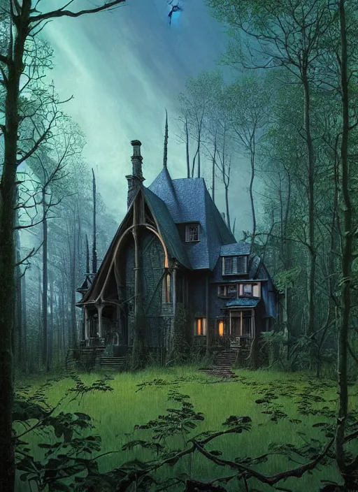 Image similar to hyper realistic witchy modern gothic house with mood lighting and tech in the woods gorgeous lighting, sunbeams blue sky, highly detailed, lush forest foliage painting by zdzisław beksinski and norman rockwell and greg rutkowski weta studio, and lucasfilm