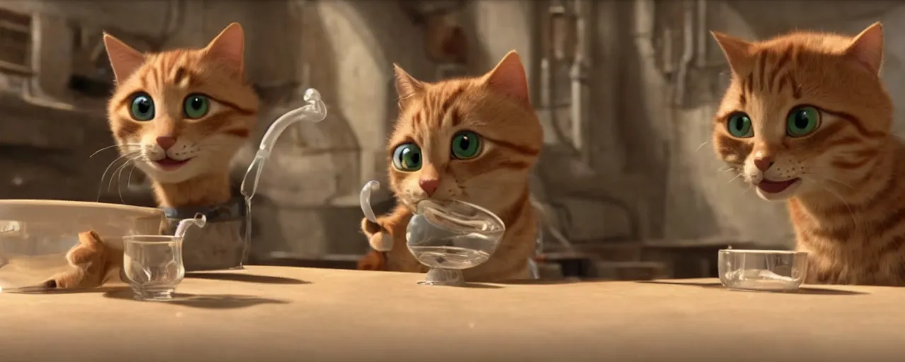 Prompt: Film still of cat drinking milk in an empty mess hall in the movie WallE, Pixar, high octane render, year 3000