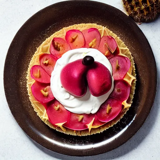 Image similar to cactus flavoured tart, with prickly pears over it, food photography