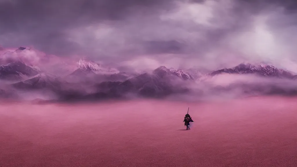 Image similar to a war between difference samurai fractions ongoing on soft glow pink desert with snow mountains and cloudy skies, purple fog, long exposure, detailed, hyper realistic, photorealism, landscape, ultra wide angle view, peaceful, cinematic, volumetric lighting, god ray through clouds