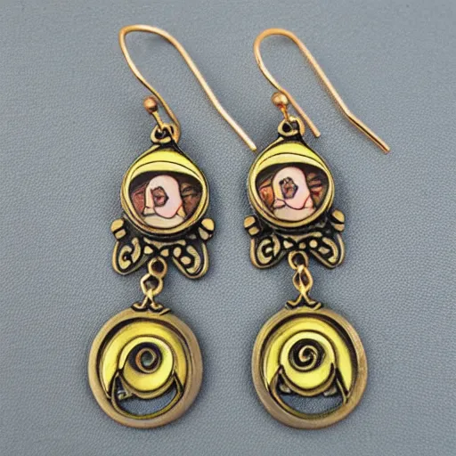 Image similar to hyperrealistic artnouveau style earrings with the face of a cat - like woman in atlantis