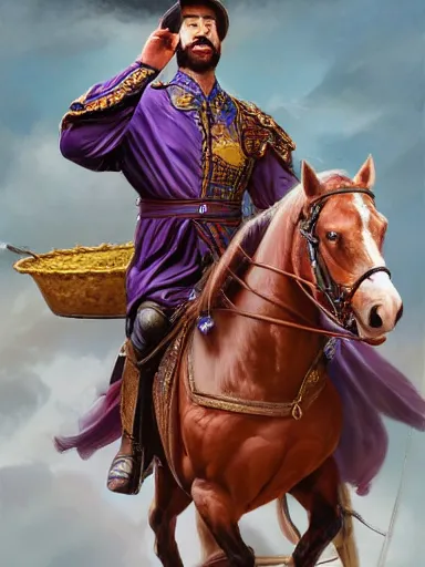 Prompt: a handsome man weaing a silk robe, happy and disarmed, laurels of glory, returns to home triunphantly mounted in a horse. full of pride. victorirous. prideful.. intricate, elegant, highly detailed, digital painting, artstation, concept art, sharp focus, illustration, by justin gerard and artgerm, 8 k