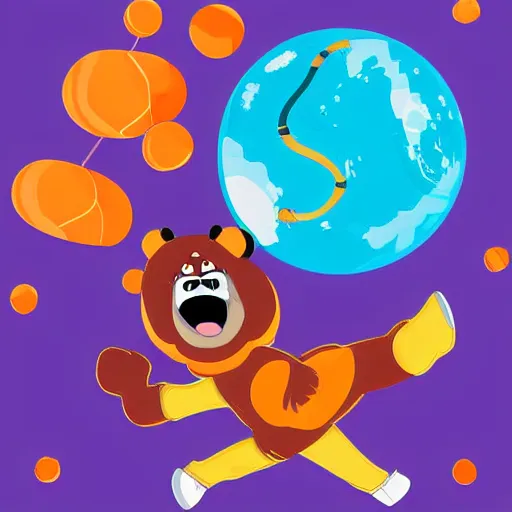 Image similar to cartoon animated illustration of a bear mascot being launched from a futuristic marble planet, purple and orange cloudland