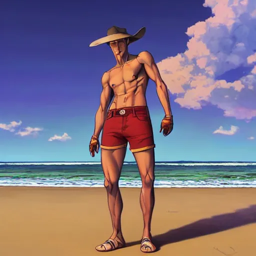 Prompt: a male horse humanoid standing on the beach,wearing red shorts,anthropomorphic,Character design by artgerm, and makoto shinkai, detailed, inked, western comic book art, 2021 award winning painting,digital art,ultra realistic,ultra detailed,art by greg rutkowski,muscular,detailed face,hyperdetailed,hyperrealistic,detailed face,photorealistic,realistic,4k,SFW