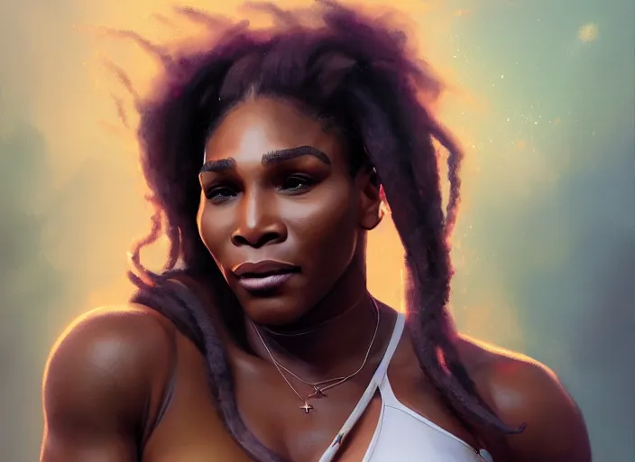 Image similar to highly detailed portrait of serena williams, unreal engine, fantasy art by greg rutkowski, loish, rhads, ferdinand knab, makoto shinkai and lois van baarle, ilya kuvshinov, rossdraws, tom bagshaw, global illumination, radiant light, detailed and intricate environment