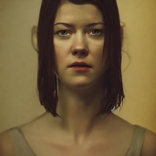 Image similar to a masterpiece portrait photo of a beautiful young woman who looks like a orc mary elizabeth winstead, symmetrical face