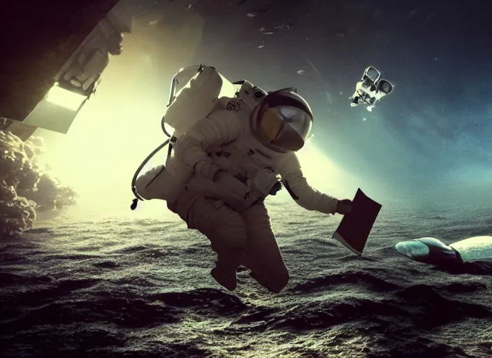 Image similar to astronaut underwater putting a flag in the sand of the bottom of the ocean. there is a submarine behind the astronaut in the distance. dark, concept art, cinematic, dramatic, atmospheric, 8 k, trending on artstation, low visibility, zack snyder