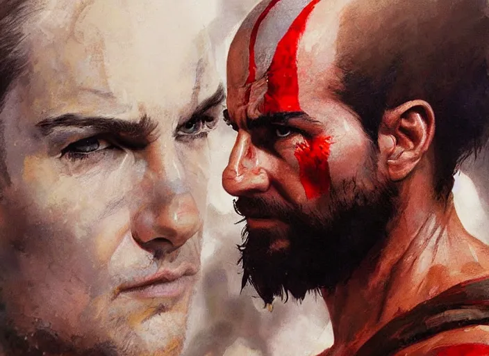 Image similar to a highly detailed beautiful portrait of tom cruise as kratos, by gregory manchess, james gurney, james jean