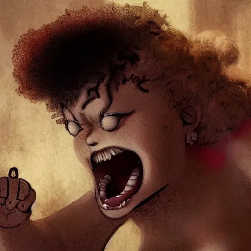 Image similar to scarlett johansson in a enraged drunken state, yelling at a teddy bear, afro samurai style, pencil and ink, greg rutkowski dynamic wide angle lens, dramatic lighting,