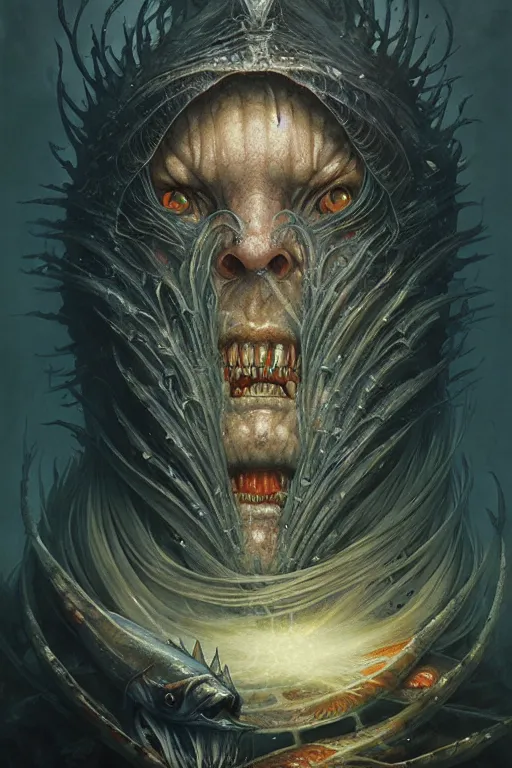 Image similar to fish wizard by anna podedworna, ayami kojima, greg rutkowski, giger, maxim verehin