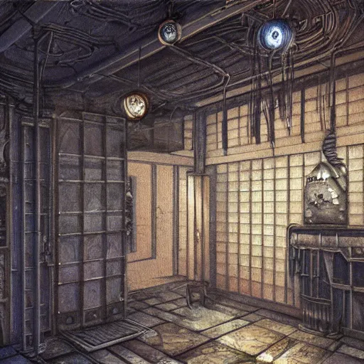 Prompt: detailed painting of a japanese street interior room with celestial ephemeral ornaments and hr giger architecture, artstation, h. r giger, cinematic