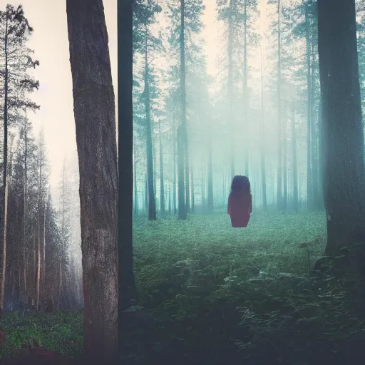 Prompt: woman in forest, double exposure photography, photorealistic, twilight, fog, haunted