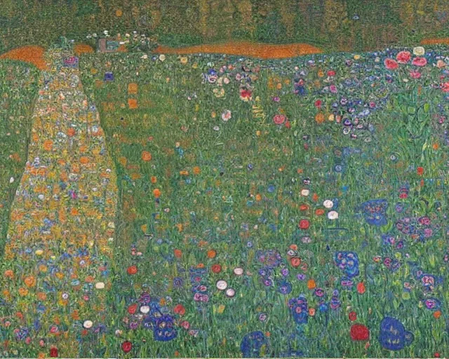 Prompt: painting of sprawling mountains, flower-covered, flowing river, landscape, Beautiful by Gustav Klimt