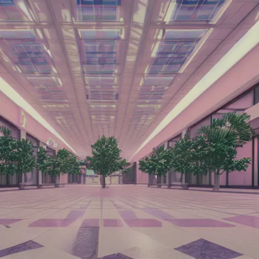 Image similar to vaporwave 9 0 s dreamy empty shopping mall, highly detailed, 3 d render, vray, octane, realistic lighting, photorealistic