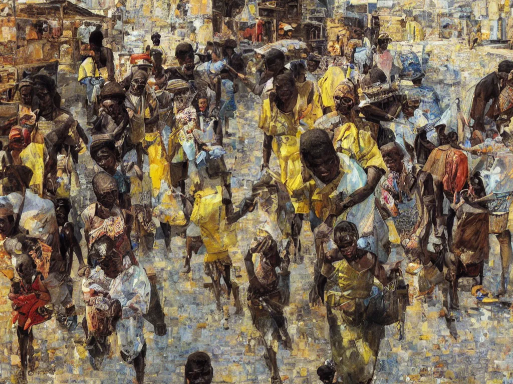 Prompt: african city, heatwave, denis sarazhin, oil on canvas