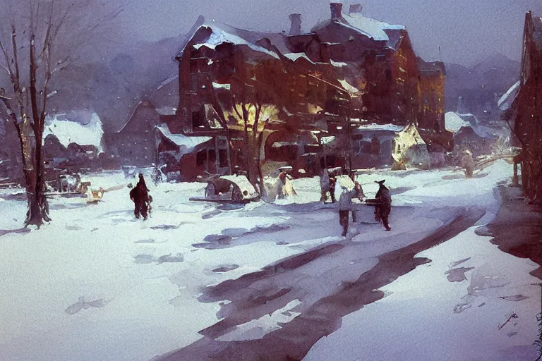 Prompt: small painting centered on white watercolor paper, paint brush strokes, abstract watercolor painting of western town, snowy weather, winter, american frontier, midday sharp light, dust, cinematic light, american romanticism by hans dahl, by jesper ejsing, by anders zorn, by greg rutkowski, by greg manchess, by tyler edlin