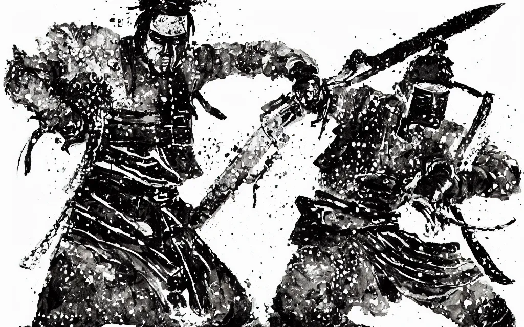 Image similar to samurai wielding a chainsaw, black and white watercolor