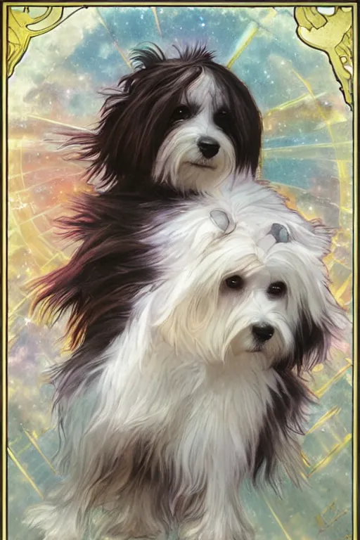 Image similar to a cream-colored Havanese dog in a beautiful nebula, water color, art by artgerm and greg rutkowski and alphonse mucha and jin xiaodi and anthony devine