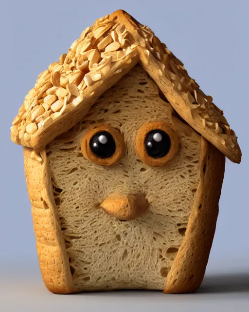 Image similar to detailed creature made of bread, very original, cute and friendly, fantasy house, sitting on the table, high quality, perfect, 8 k high detail, masterpiece, trending on artstation