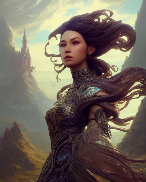 Prompt: rhythm of the wind, beauty portrait, arc. armor, detailed hair, fractal crystal, castle, intricate environment, complex 3 d render by greg rutkowski, ross tran, ilya kuvshinov, peter mohrbacher, craig mullins, thomas kinkade. unreal engine 5 highly rendered, blender, octane, ray tracing. sharp focus, post processing