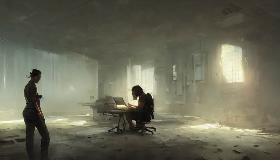 Prompt: beautiful digital painting of a lone survivor, working on completing important computer code before the timer runs out. cinematic lighting and rendering, atmospheric, concept art, high detailed faces, artstation, underpainting by artgerm and greg rutkowski, overpainted by eddie mendoza, post process by ross tran