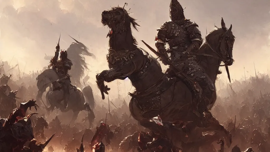 Prompt: Painting by Greg Rutkowski, beautiful knights in shining armor beat thousands of fleeing orcs and zombies