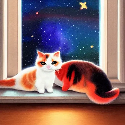 Image similar to two cute multi - colored calico cats sleeping inside a cozy home in the evening, stars shining in the night sky through the window,, artstation, cgsociety, storybook art