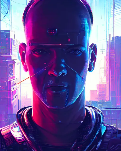 Image similar to cyberpunk man with mohawk portrait, detailed face and eyes, cyberpunk city background, cosmic, artstation, stylized, cybernetic futurepunk, greg rutkowski, dan mumford