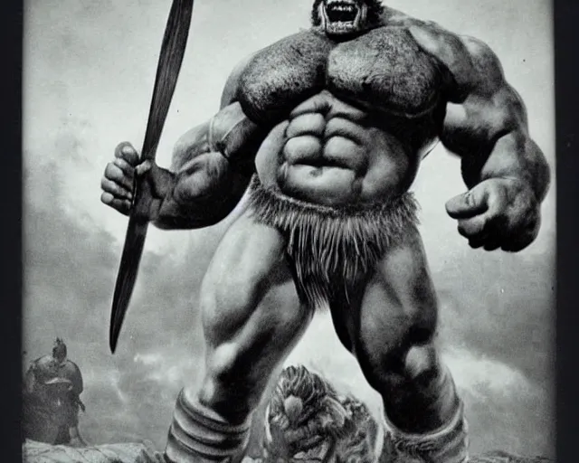 Image similar to realistic vintage photograph of a warrior ogre chieftain, tall, muscular, hulk like physique, sharp fangs and tusks, big arms, big hands, big feet, armored, tribal paint, highly detailed