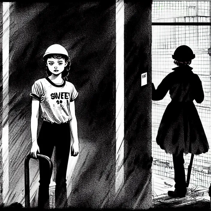 Image similar to [ sadie sink in dirty workmen clothes waves goodbye ] to workmen. near a gate. background : factory, dirty, polluted. technique : black and white pencil and ink. by gabriel hardman, joe alves, chris bonura. cinematic atmosphere, detailed and intricate, perfect anatomy