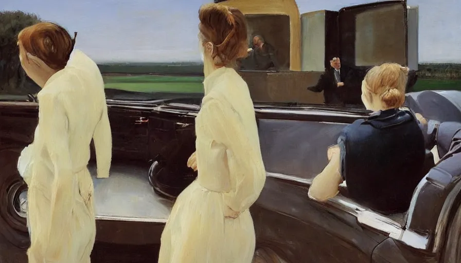 Prompt: painting by borremans, man back standing in front on the mirror and blond woman in cabriolet car sitting, detailed, stunning