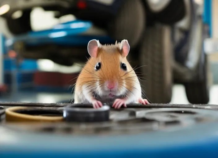 Image similar to film still of a hamster working as a mechanic in an auto shop, 8 k