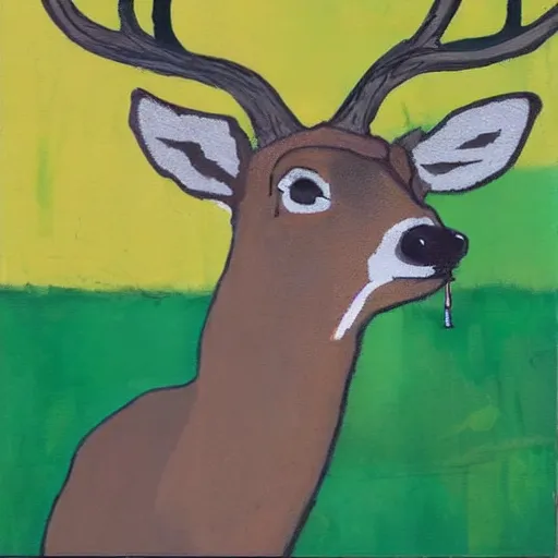 Image similar to deer with a cigarette in its mouth, artistic, painterly, expressive great contrast, brown and green, rule of thirds, dripping paint, thick strokes