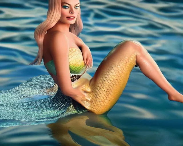 Prompt: Margot Robbie as a mermaid in the water, realistic face, sexy look, cinematic, ray tracing reflection, 4k, hyper realistic, super detailed