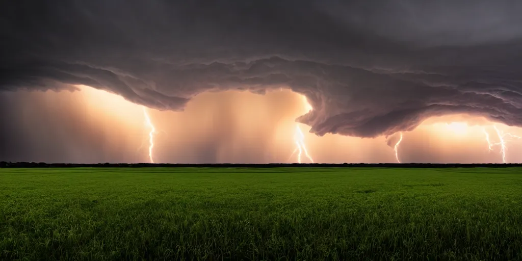 Image similar to a supercell storm dark and brooding far away in the distance, open farming fields the foreground during sunset, storm of all storms, end of the world, nature, cinematic, hyperrealistic, evil, dark, cgsociety, 8 k, by stephen king