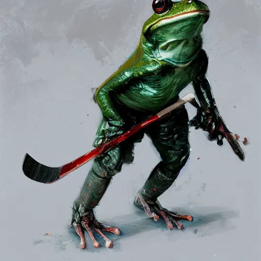 Image similar to frog wearing hockey uniform, intricate, sharp focus, illustration, highly detailed, digital painting, concept art, matte, art by ruan jia and wlop and greg rutkowski, masterpiece