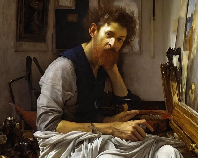 Image similar to an exhausted painter in his studio by edgar maxence and caravaggio and michael whelan, intricate painting, hyper realistic, extremely detailed and beautiful aesthetic face, 8 k resolution