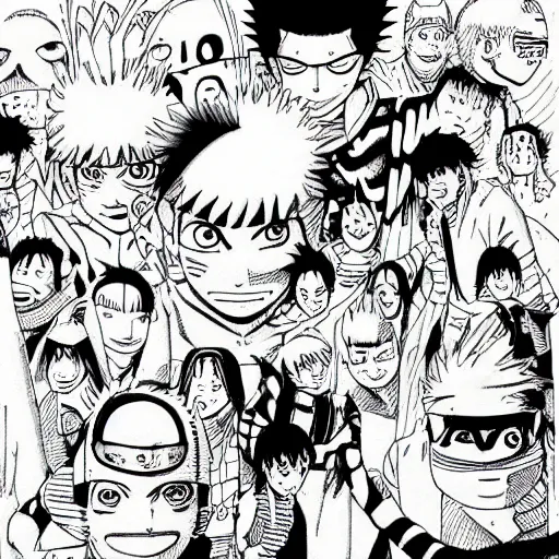 Image similar to “Friday” graphic novel illustrated by Kishimoto published on Shonen Jump 1996 black and white pen and ink highly detailed