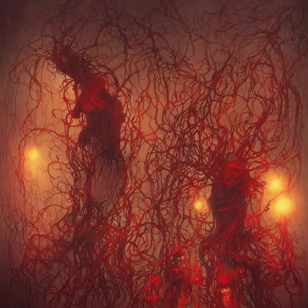 Image similar to colorful fungus monsters by beksinski, red veins by alphonse mucha, intense lighting, light beams, lens flare, intricate, elegant, nightmare, highly detailed, digital painting, artstation, concept art, smooth, sharp focus, illustration