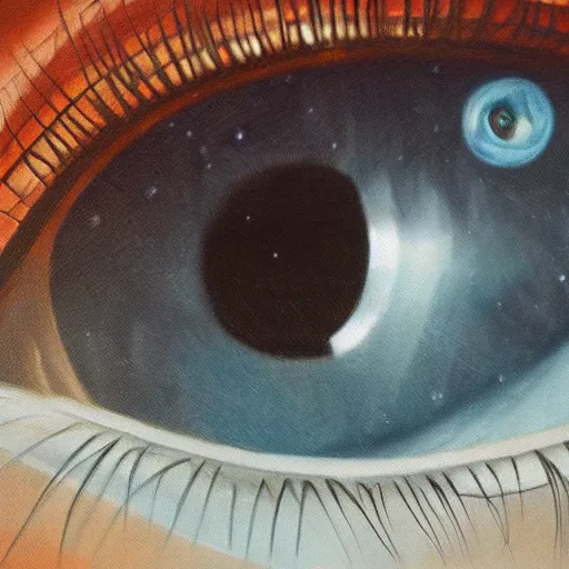 Image similar to a highly detailed photorealistic painting of a human eye reflecting outer space