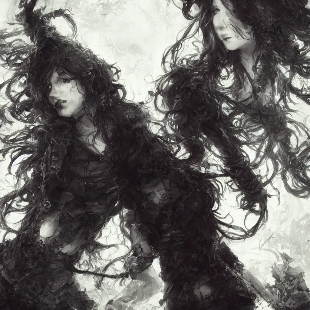 Image similar to christina hendricks goth, tankoban, 4 k, tone mapping, akihiko yoshida, james jean andrei riabovitchev marc simonetti, yoshitaka amano, long hair, curly, h. hydrochaeri