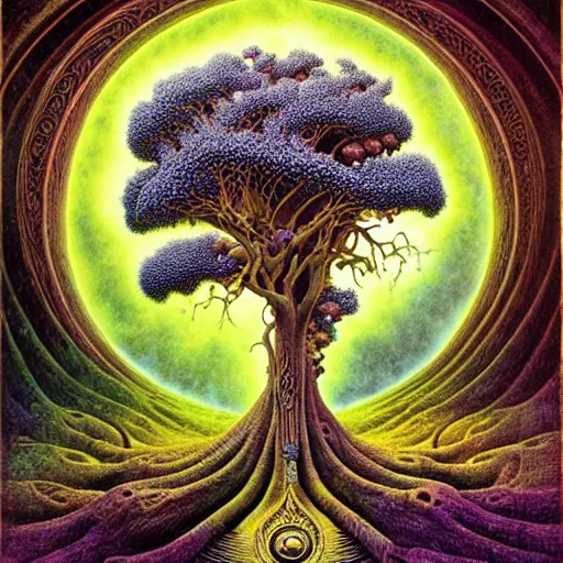 Image similar to sacred ancient ancestral mulberry tree by roger dean and andrew ferez, art forms of nature by ernst haeckel, divine chaos engine, symbolist, visionary, art nouveau, botanical fractal structures, tree of life, lightning, detailed, realistic, surreality