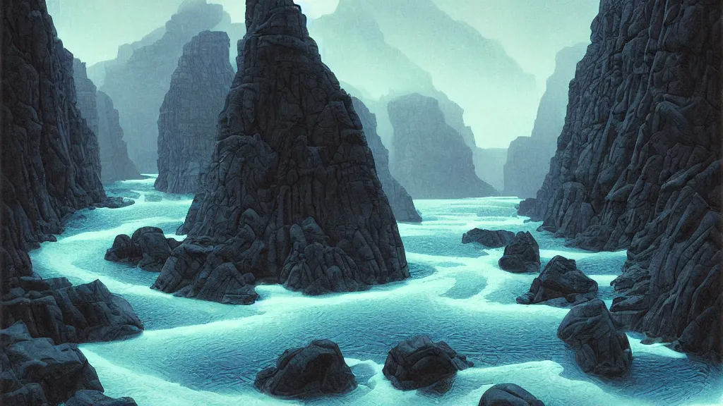 Prompt: digital painting of stuðlagil canyon by gerald brom. blue river. black columns. digital render. detailed. beautiful landscape.