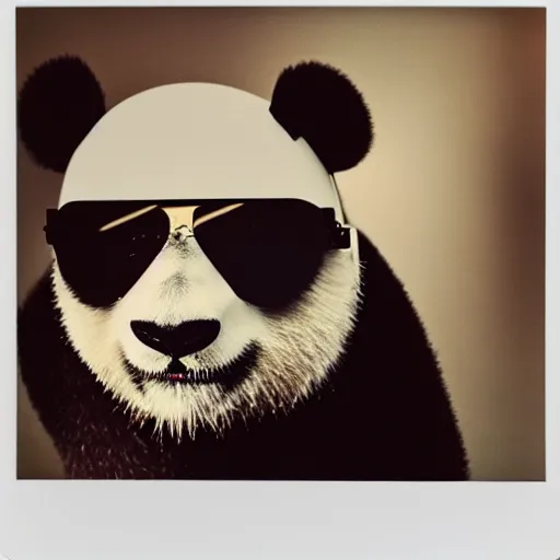 Image similar to grainy head to shoulder portrait polaroid film photograph of a panda in a mall wearing aviator shades. super resolution. surreal. extremely detailed. polaroid 6 0 0 film. by annie leibovitz and richard avedon