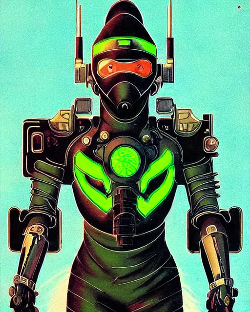 Image similar to genji the cyber ninja from overwatch, character portrait, portrait, close up, concept art, intricate details, highly detailed, vintage sci - fi poster, retro future, vintage sci - fi art, in the style of chris foss, rodger dean, moebius, michael whelan, and gustave dore