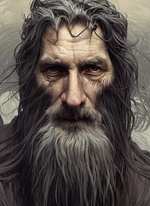 Prompt: portrait of a 6 0 year old giant man with long tangles of thinning gray hair and beard, one eye missing, wearing gray hooded cloak, hyper realistic face, two ravens above him, very low angle, fantasy art, in the style of greg rutkowski, intricate, alphonse mucha, hyper detailed, smooth