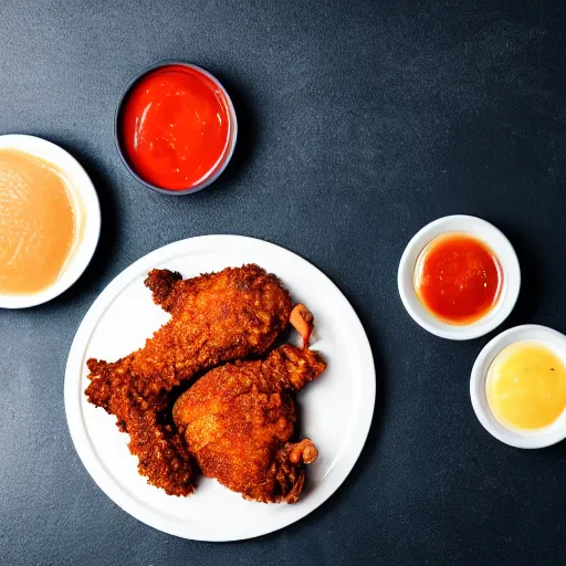 Image similar to large plate of delicious greasy fried chicken, with a side of dipping sauces, realistic advertising photography, 4K resolution, spot lighting