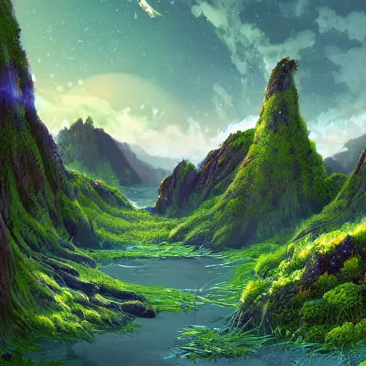 Image similar to beautiful digital artwork of a lush natural scene on an alien planet by lurid ( 2 0 2 2 ). artistic science fiction. extremely detailed. beautiful landscape. weird vegetation. cliffs and water.