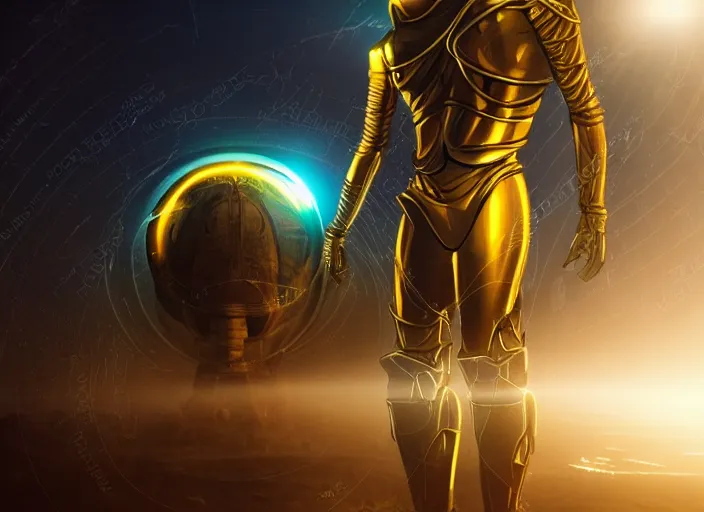 Image similar to an alien with beautiful glowing eyes, beautiful symmetrical face and skin, wearing a long flowing cloth shirt over stylish large futuristic golden armor suit poses beside an outpost with tall structures with lights at night, beautiful colorful, incredible detail, anamorphic 2 0 mm lens cinematic flare