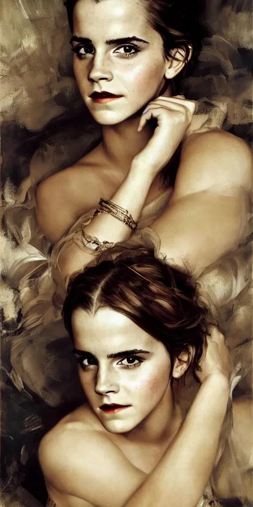 Image similar to emma watson detailed portrait hands painting by gaston bussiere craig mullins j. c. leyendecker photograph by richard avedon peter lindbergh annie leibovitz